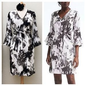 Banana Republic Graphic Black Print Bell Slv Dress w/Sash, NWT